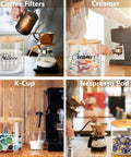 Large Capacity Coffee Pod Organizer With Bamboo Lid for Keurig Nespresso K Cups filled with coffee pods and accessories.