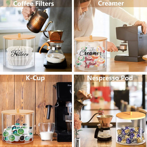 Large Capacity Coffee Pod Organizer With Bamboo Lid for Keurig Nespresso K Cups filled with coffee pods and accessories.
