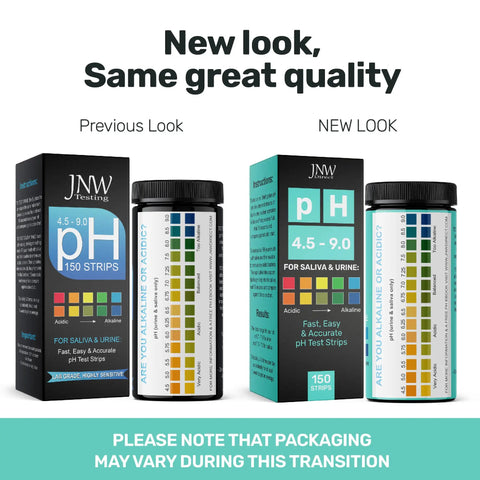Easy Peasy pH Test Strips for Urine and Saliva with Ebook 150 Litmus Paper Strips for Quick pH Level Checks from 4.5 to 9.0 Home Health Alkaline Balance Kit for Acid and Base Testing packaging shown in two different designs side by side.