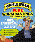 100 Percent Pure Organic Worm Castings Fertilizer For A Serious Soil Boost Mineral Dense 15 Lbs Bag OMRI Listed Improves Fertility Aeration And Drainage For Houseplants Vegetables And Garden Growth packaging with cartoon earthworm beside a pile of castings and vegetables.