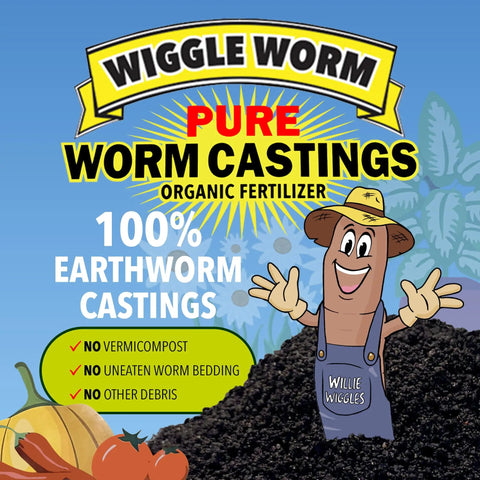 100 Percent Pure Organic Worm Castings Fertilizer For A Serious Soil Boost Mineral Dense 15 Lbs Bag OMRI Listed Improves Fertility Aeration And Drainage For Houseplants Vegetables And Garden Growth packaging with cartoon earthworm beside a pile of castings and vegetables.