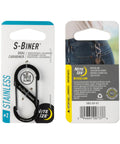 SBiner Stainless Steel Dual Carabiner Clip Set For Camping And Hiking Gear Multi Purpose Key Holder And Gear Organizer Size 2 Black Pack Of 8 packaging showing front and back view with clips