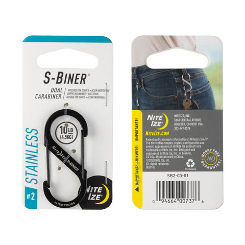 SBiner Stainless Steel Dual Carabiner Clip Set For Camping And Hiking Gear Multi Purpose Key Holder And Gear Organizer Size 2 Black Pack Of 8 packaging showing front and back view with clips