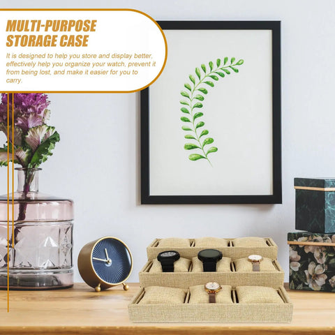Straight Fire Nine Grid Watch Storage Tray With Plush Linen Cushion Slick Display Plate And Heavy Duty Jewelry Holder Dish For Everyday Organization Projects arranged neatly with four watches on a soft surface