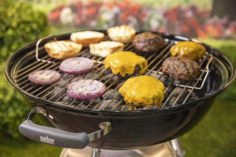 Premium 22 Inch Charcoal Grill Portable Outdoor BBQ Grill With Durable Plated Steel Grates Porcelain Enamel Bowl And Precision Airflow Control, burgers and veggies cooking