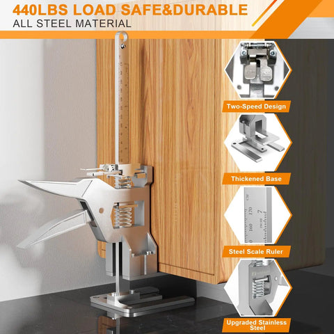 Heavy Duty Arm Jacks 2 Pack 440 Lbs Capacity Furniture Lift Tool Stainless Steel adjustable height adjuster next to cabinetry.