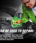 Two Part Epoxy Resin And Cold Weld Adhesive For Gas Tanks And General Repairs Beefy Heavy Duty High Temperature Waterproof Bond 1.48 oz box shown with mechanic in background near car engine