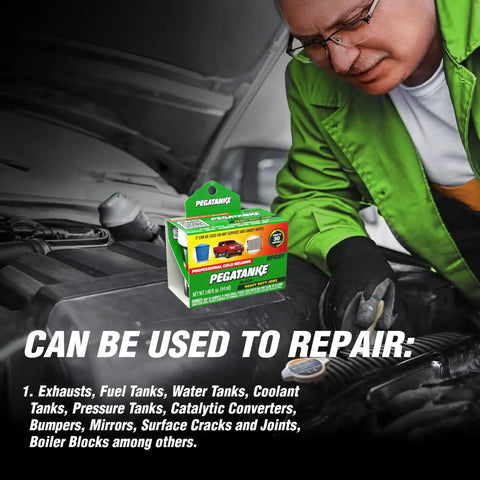 Two Part Epoxy Resin And Cold Weld Adhesive For Gas Tanks And General Repairs Beefy Heavy Duty High Temperature Waterproof Bond 1.48 oz box shown with mechanic in background near car engine