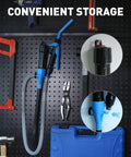 Portable Cordless Fuel Transfer Pump Battery Powered Fluid Transfer Tool 2.8 GPM hanging on pegboard with storage tools