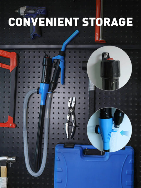 Portable Cordless Fuel Transfer Pump Battery Powered Fluid Transfer Tool 2.8 GPM hanging on pegboard with storage tools