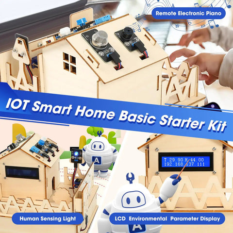 IoT Smart Home Starter Kit For Arduino IDE Hands On STEM Project For Kids Teens And Adults With Multi Sensor DIY Electronics And 3D Wooden Puzzle House For Home Automation Coding And Learning showing assembly and components