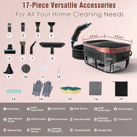 17-piece accessory set for Badass Steam Cleaner Rapid 15 Second Heat Up With 4 Bar Pressure And 6 Adjustments 42 Oz Big Tank.