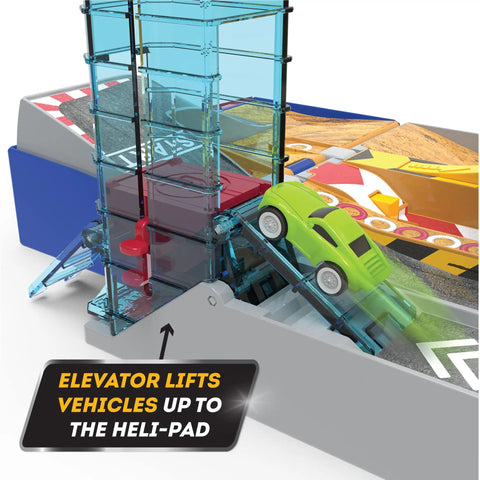 Elevator lifts green mini car in Collapsible Racetrack Playset With 6 Mini Cars, 84-Piece Track Kit for kids ages 3 and up.