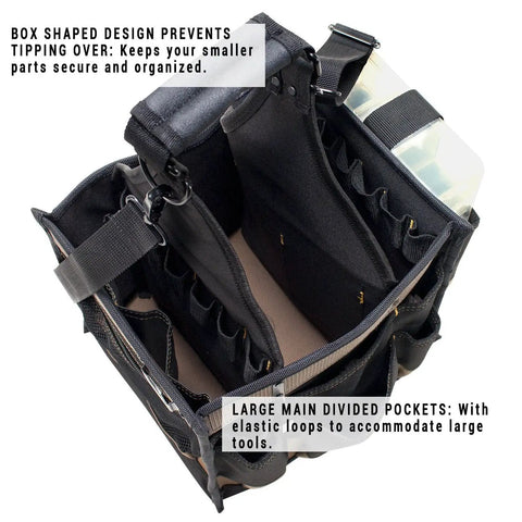 Large Electrical And Maintenance Tool Carrier With 22 Pockets, 8.75 Inch By 6.5 Inch Multi Compartment Tray, Heavy Duty Black Tool Bag For Electricians, Maintenance Pros, And DIY Enthusiasts On The Go, open top view
