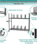 No Bull Heavy Duty Packing Station Cart With Fully Adjustable Height Steel Wire Shelving Plus Smooth Rolling Locking Casters, showcasing adjustable armrest and lockable wheels.