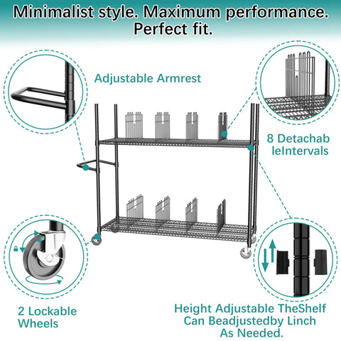No Bull Heavy Duty Packing Station Cart With Fully Adjustable Height Steel Wire Shelving Plus Smooth Rolling Locking Casters, showcasing adjustable armrest and lockable wheels.