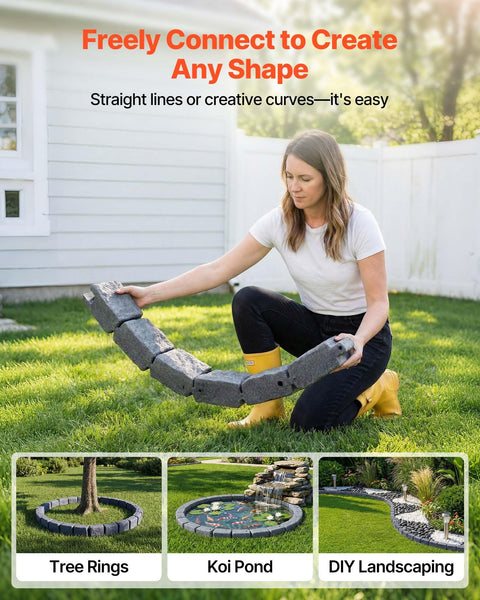 Woman assembling Faux Stone Landscape Edging Kit 15.5 Ft No Dig Border For Lawn And Garden Beds With Realistic Texture 4 Pack