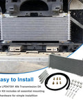 Heavy Duty 40k Transmission Oil Cooler Kit for Towing and Large Trucks with mounting hardware and cooler installation view.