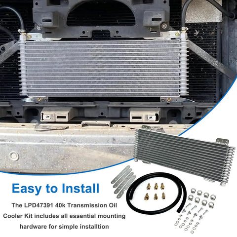 Heavy Duty 40k Transmission Oil Cooler Kit for Towing and Large Trucks with mounting hardware and cooler installation view.