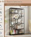 Modern 5 Tier Bookcase With Sturdy Open Metal Frame In Brown Black Oval Finish Freestanding Shelf With Décor