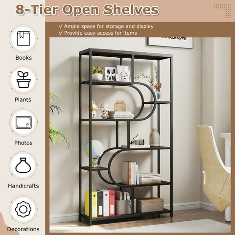 Modern 5 Tier Bookcase With Sturdy Open Metal Frame In Brown Black Oval Finish Freestanding Shelf With Décor