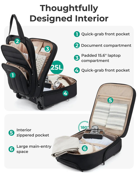 Interior compartments of Underseat Carry On Luggage With Wheels For Women, 16 Inch Personal Item Bag showing organized pocket layout.