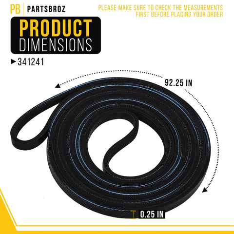 341241 Dryer Drive Belt Replacement for Whirlpool Dryers dimensions shown, 92.25x0.25 inches, durable construction image