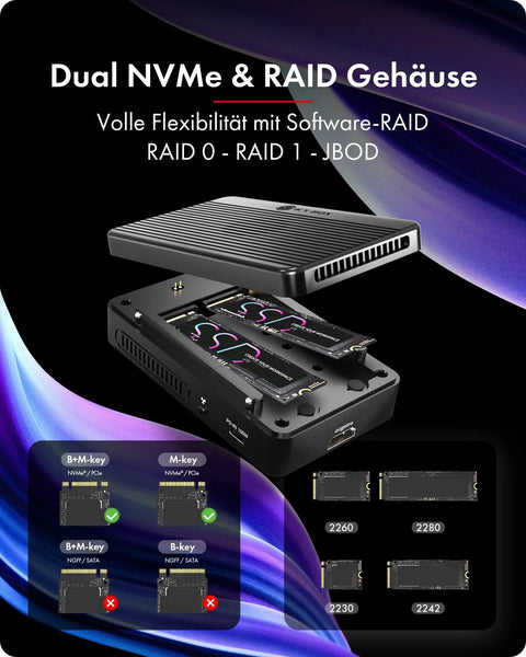 Blazing Fast Thunderbolt 4 Docking Station For Dual M.2 Nvme Ssd Drives With Raid Mode And Usb4 Hub showing dual NVMe SSD slots and RAID setup.