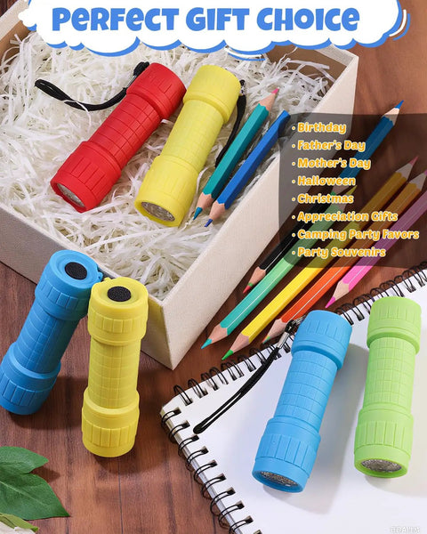 Compact Grab And Go Mini LED Flashlight Set In 4 Colors With 48 AAA Batteries in gift box with colored pencils