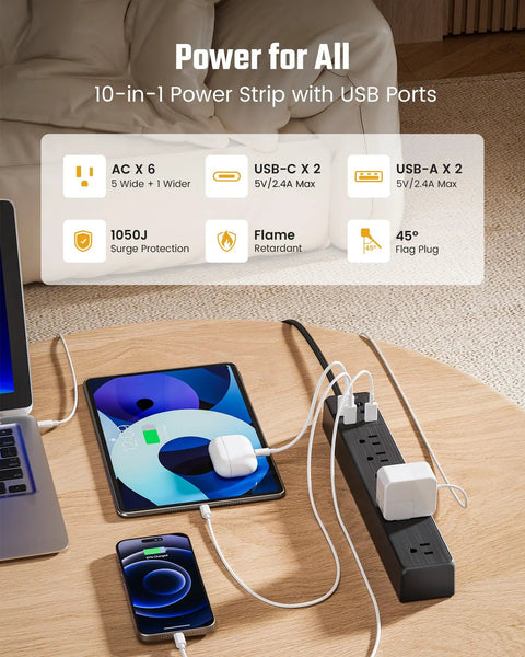 All In One Power Strip With 6 AC Outlets 2 USB C 2 USB A Four And A Half Foot Cord 900 Joules Surge Protection on table