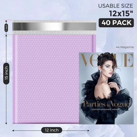 Big Ol Lavender Bubble Mailers 12x15 Inch 40 Pack Waterproof Padded Envelopes with magazine for scale.