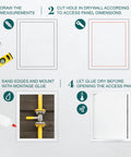 Step-by-step guide for Top Shelf Eight By Ten Inch White Abs Plastic Plumbing Access Panel installation process.