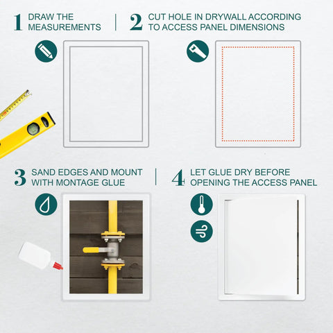 Step-by-step guide for Top Shelf Eight By Ten Inch White Abs Plastic Plumbing Access Panel installation process.