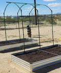 Outdoor Heavy Duty Galvanized Raised Garden Bed Kit 12x4x1.5 Ft for Vegetables Flowers Herbs with arch trellis in desert setting