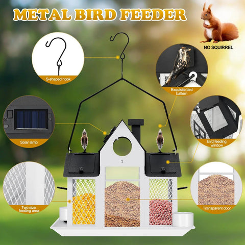 Outdoor Solar Powered Bird Feeder For Cardinals Large White Hanging Metal Wild Bird Feeder With Squirrel Proof Design
