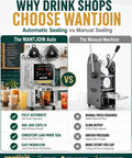 Image comparing the WANTJOIN Auto Boba Tea Cup Sealer Machine with a manual sealing machine, highlighting efficiency and features.