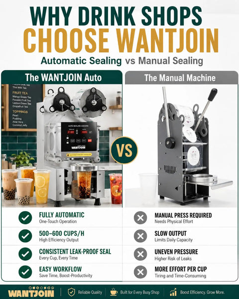 Image comparing the WANTJOIN Auto Boba Tea Cup Sealer Machine with a manual sealing machine, highlighting efficiency and features.