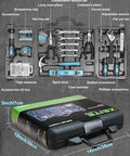 Open case of Home Repair Tool Kit 144 Piece Set With Hammer Pliers Wrenches Voltage Tester Tape Measure And Screwdriver Bits