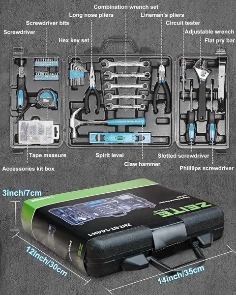 Open case of Home Repair Tool Kit 144 Piece Set With Hammer Pliers Wrenches Voltage Tester Tape Measure And Screwdriver Bits
