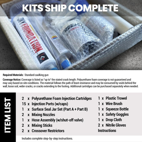 DIY Foundation Crack Repair Kit With 10 Ft Low Viscosity Urethane Sealant For Crawl Spaces And Concrete Basement Walls That Stops Water Leaks Drill Free Filler And Easy Home Fix components in box