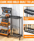 Freestanding Fishing Rod Rack With 3 Tier Shelves And Pegboard Basket Heavy Duty Pole Holders For Garage Holds Up To 12 Rods Scratch Resistant Slots Black.