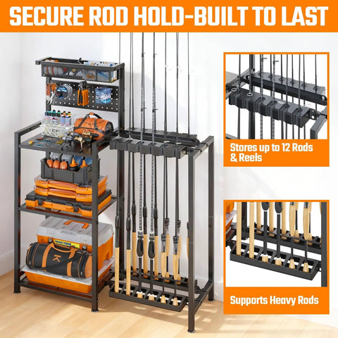 Freestanding Fishing Rod Rack With 3 Tier Shelves And Pegboard Basket Heavy Duty Pole Holders For Garage Holds Up To 12 Rods Scratch Resistant Slots Black.