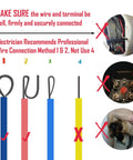 Illustration of wire connection methods for safe use with Plug And Play Electric Water Heater Tune Up Kit With Thermostat Set And Element Wrench.