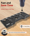 Precision 7 Hole Shelf Pin Jig And Woodworking Drill Guide on wood surface showing 1/4" metal drilling bushing for DIY projects.