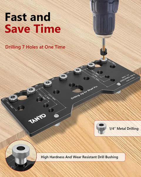 Precision 7 Hole Shelf Pin Jig And Woodworking Drill Guide on wood surface showing 1/4" metal drilling bushing for DIY projects.