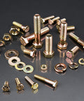 1004 Piece Beefy Grade 8 Nuts And Bolts Kit With SAE Sizes displayed on black surface, showing various yellow zinc elements