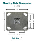 Caster HQ mounting plate: square metal plate with four rounded holes, 4 x 4.5 in, 3/8 in bolt size