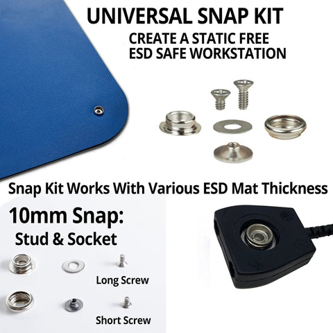 ESD Mat Workstation Grounding Kit With 15 Foot Common Point Ground Cord and Banana Plugs, Universal Snap Kit components.