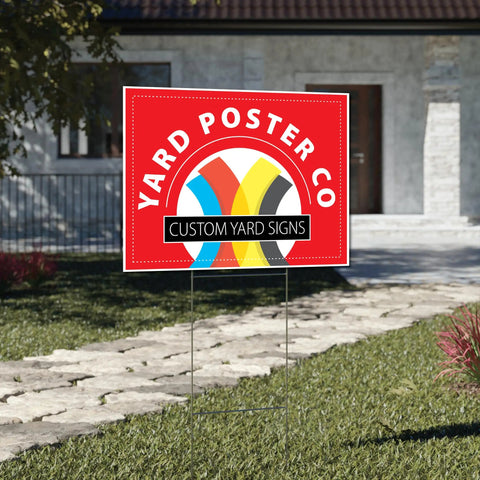 10 Pack Custom Yard Signs 24x18 Inches Full Color Corrugated Plastic Lawn Signs in front of a house on grass.