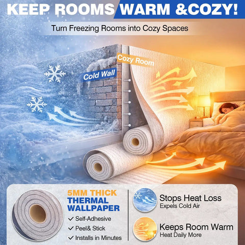 Top Shelf 5Mm Thermal Foam Peel And Stick Wallpaper Roll shown on wall, demonstrating insulation against cold air for cozy spaces.